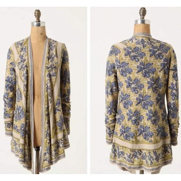 Anthropologie Guinevere Pointed Tapestry Lightweight Linen Waterfall Cardigan M - Picture 2 of 10